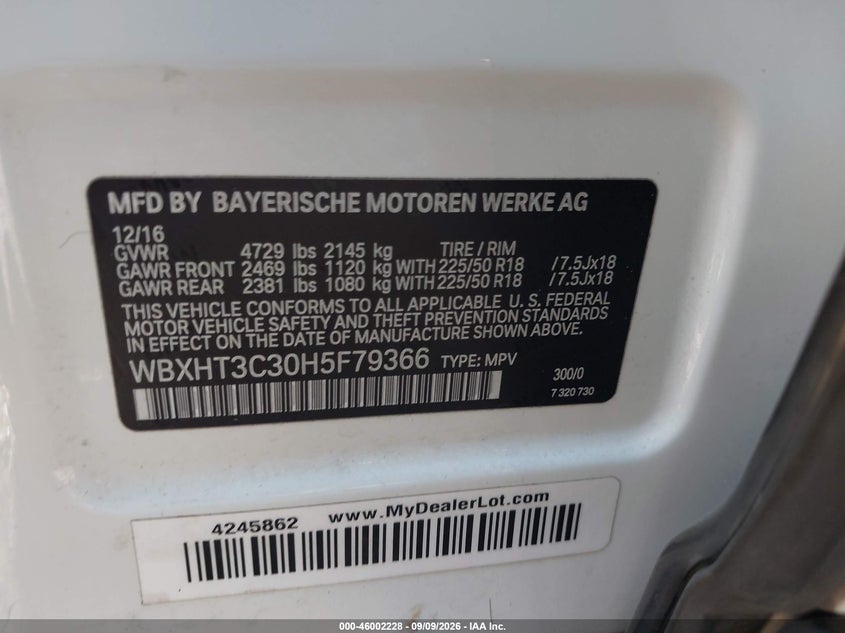 BMW X1 2017 VIN WBXHT3C30H5F79366