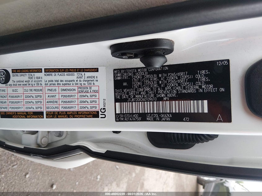 LEXUS GX 470 2006 VIN JTJBT20X260109610