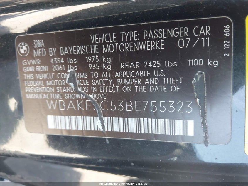 BMW 328I 2011 VIN WBAKE5C53BE755323