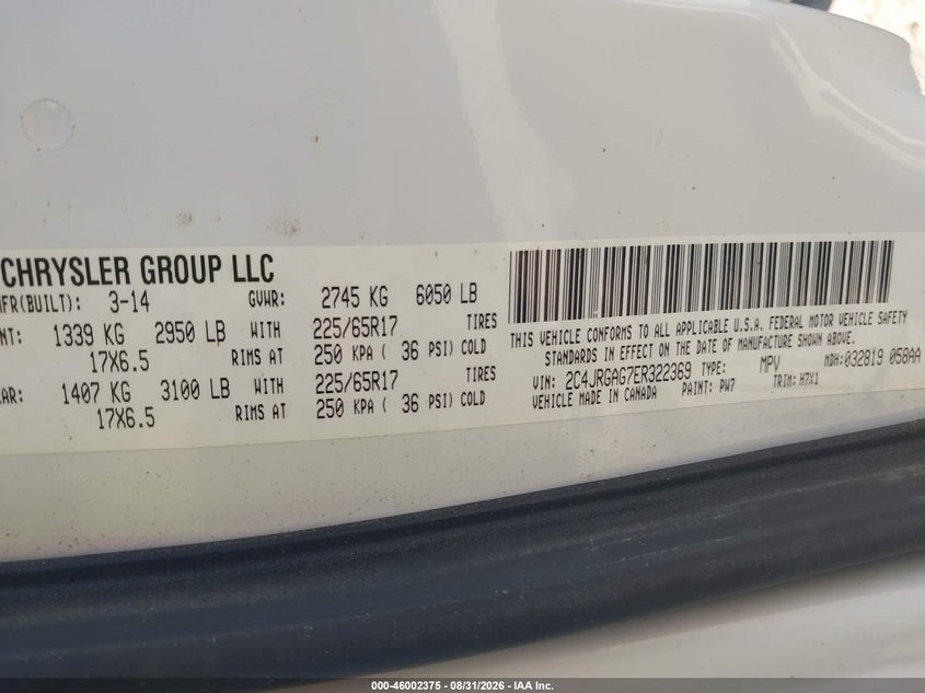 RAM CARGO 2014 VIN 2C4JRGAG7ER322369