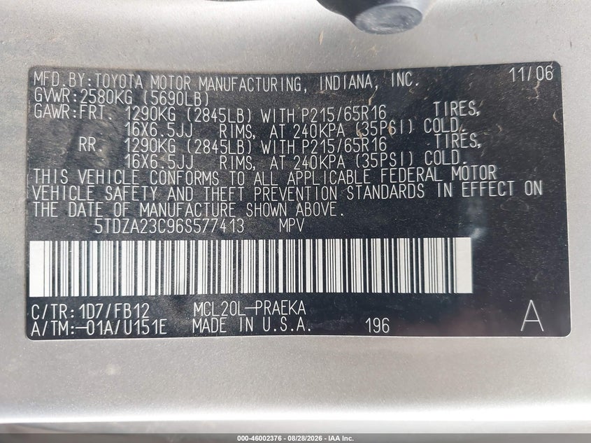 2006 TOYOTA SIENNA VAN 3.3L V-6 DOHC, VVT, REGULAR , 215HP