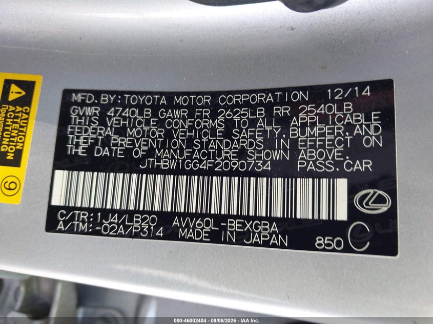 2015 LEXUS ES SEDAN 2.5L I-4 DOHC, VVT, 156HP