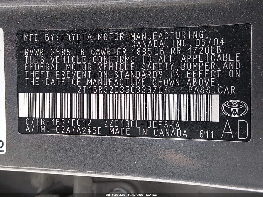 2005 TOYOTA COROLLA SEDAN 1.8L I-4 DOHC, VVT, REGULAR , 130HP