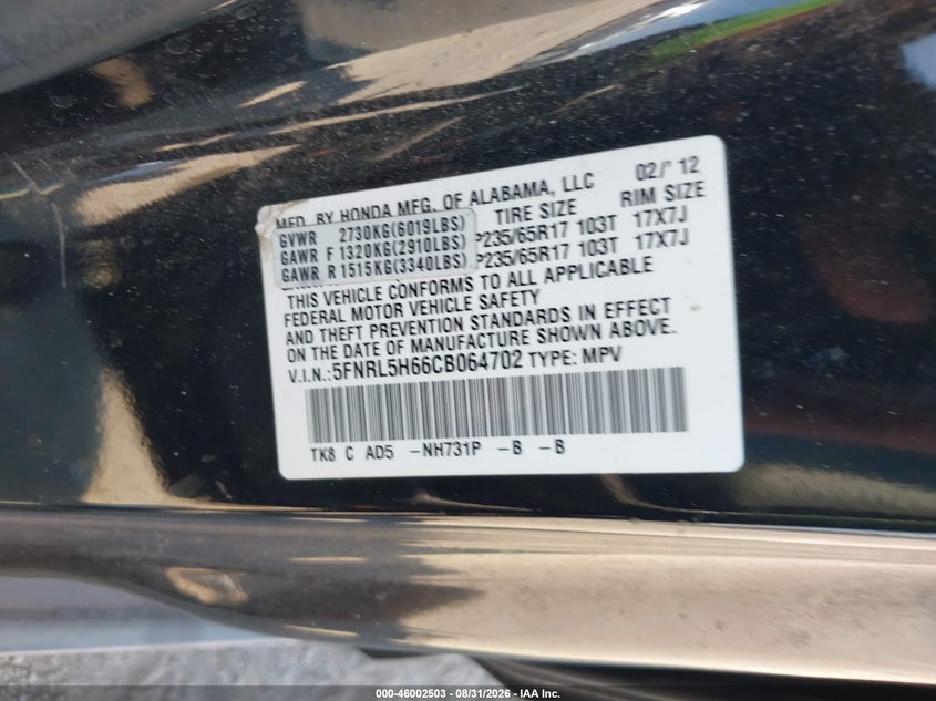 2012 HONDA ODYSSEY VAN 3.5L V-6 VVT, 248HP