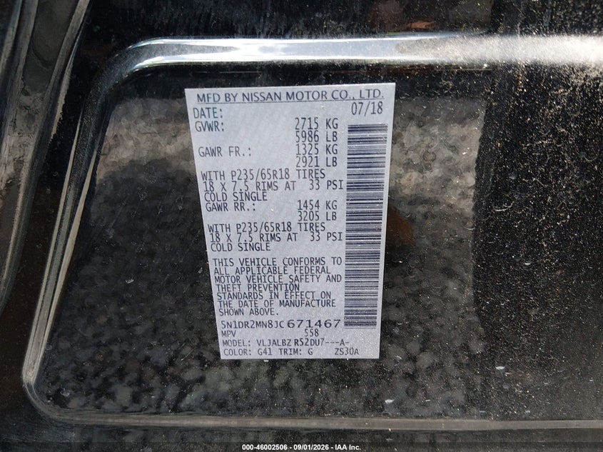 NISSAN PATHFINDER 2018 VIN 5N1DR2MN8JC671467