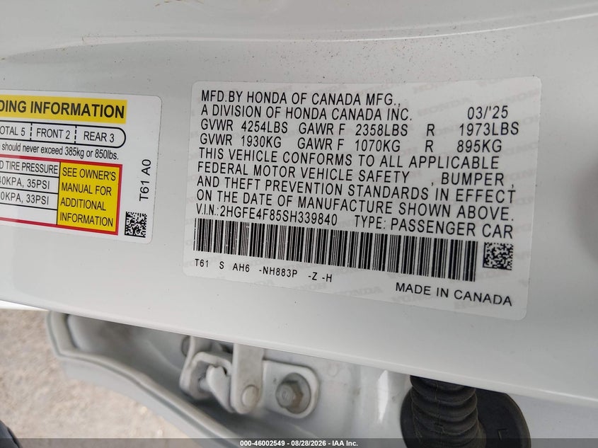 HONDA CIVIC HYBRID 2025 VIN 2HGFE4F85SH339840