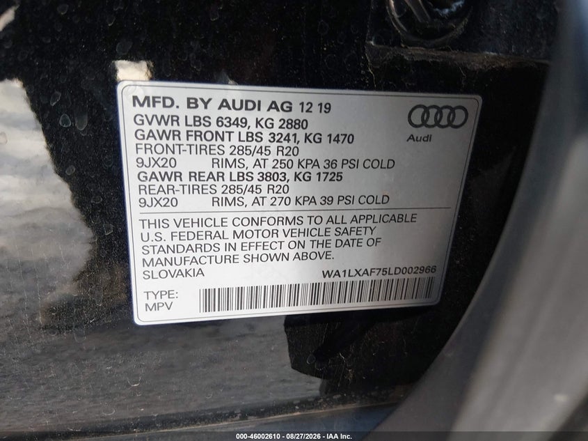 AUDI Q7 2020 VIN WA1LXAF75LD002966