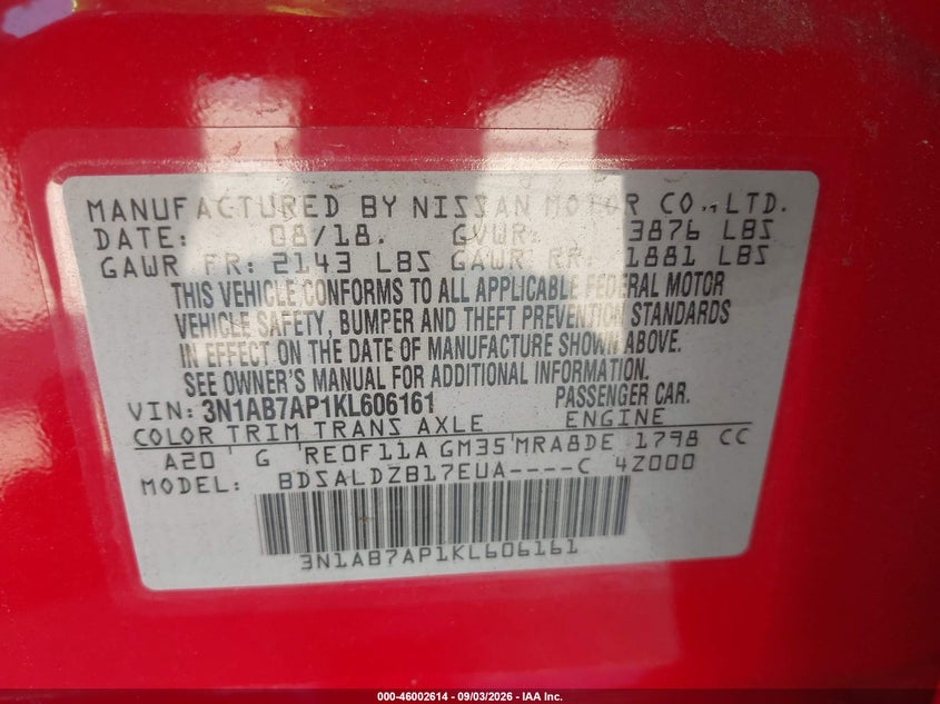 NISSAN SENTRA 2019 VIN 3N1AB7AP1KL606161