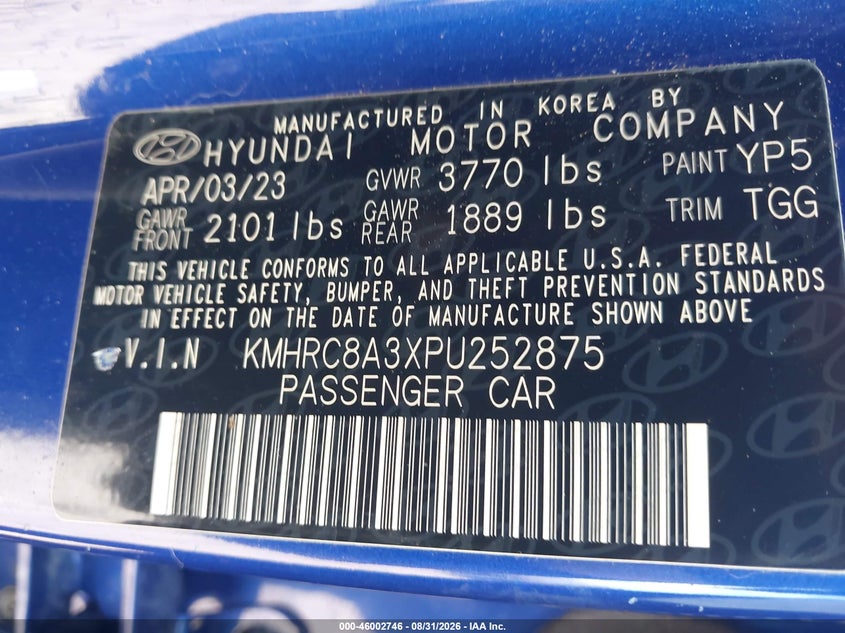 HYUNDAI VENUE 2023 VIN KMHRC8A3XPU252875