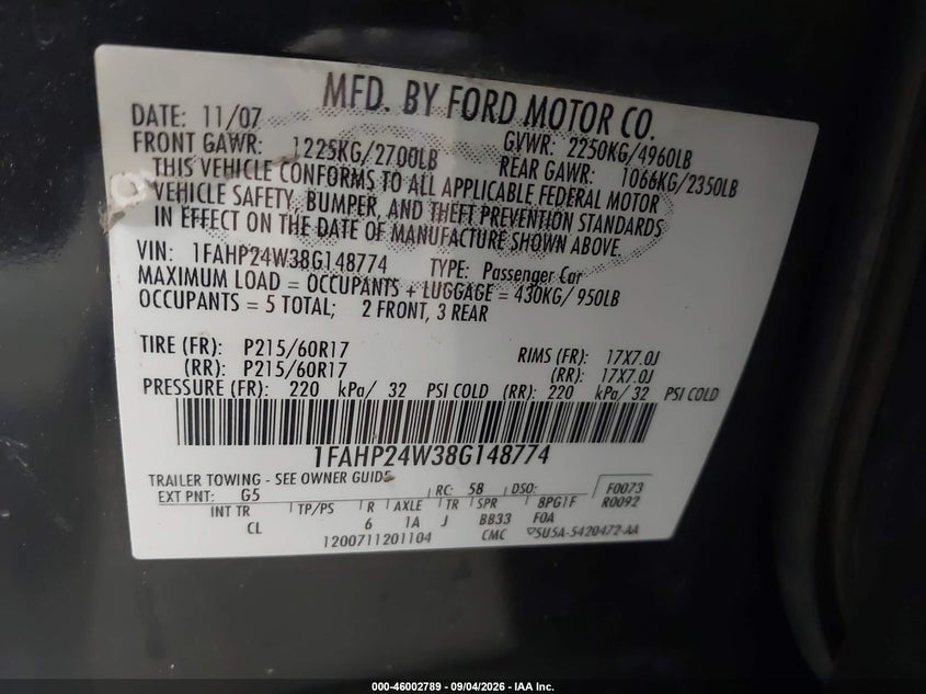 FORD TAURUS 2008 VIN 1FAHP24W38G148774