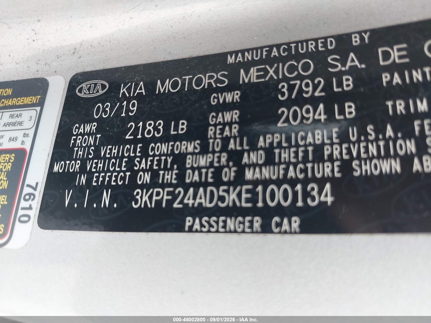 KIA FORTE 2019 VIN 3KPF24AD5KE100134