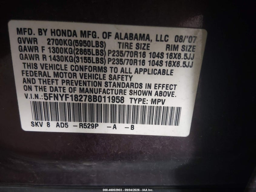 2008 HONDA PILOT SPORT UTILITY VEHICLE 3.5L V-6 VVT, REGULAR , 244HP