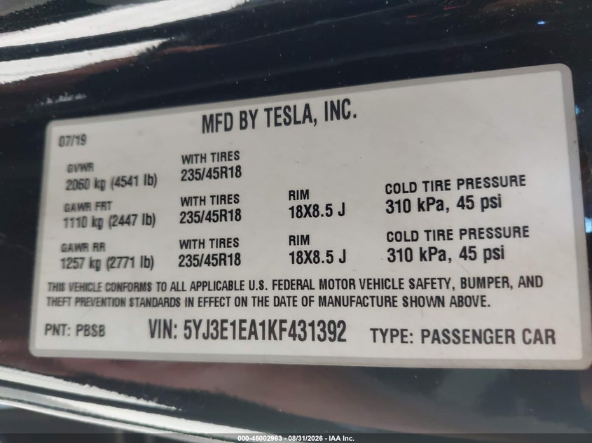 2019 TESLA MODEL 3 SEDAN ELECTRIC