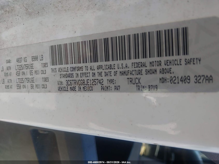 RAM PROMASTER 2500 2018 VIN 3C6TRVCG8JE125742