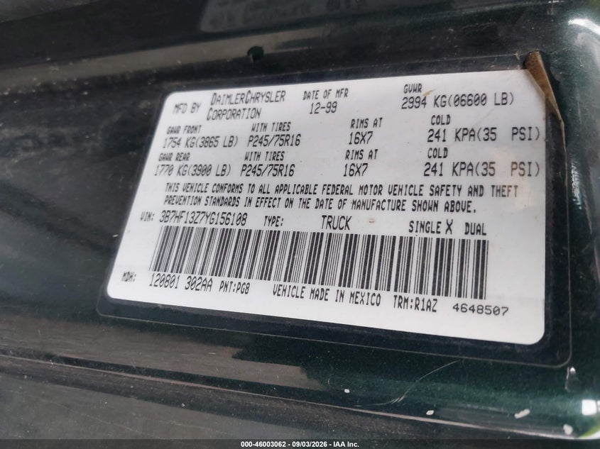 DODGE RAM 1500 2000 VIN 3B7HF13Z7YG156108