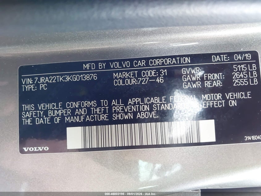 2019 VOLVO S60 SEDAN 2.0L I-4 DI, DOHC, VVT, TURBO/SUPERCHARGER, 316HP