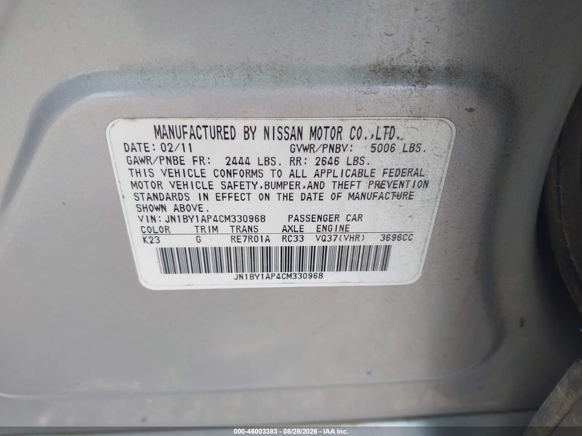 2012 INFINITI M SEDAN 3.7L V-6 DOHC, VVT, PREMIUM , 330HP