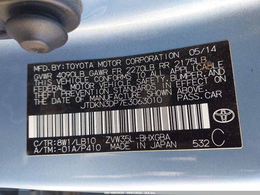 TOYOTA PRIUS PLUG-IN 2014 VIN JTDKN3DP7E3063010
