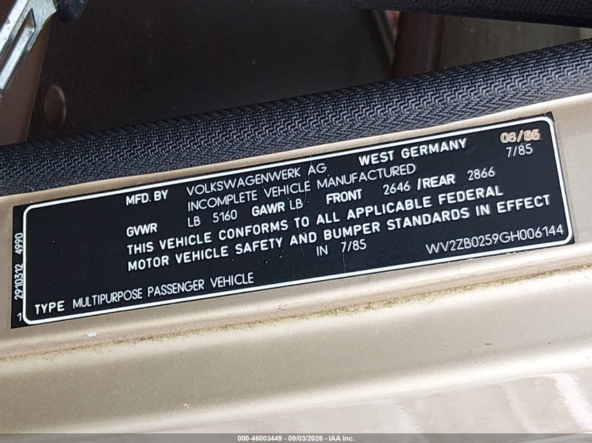 VOLKSWAGEN VANAGON 1986 VIN WV2ZB0259GH006144