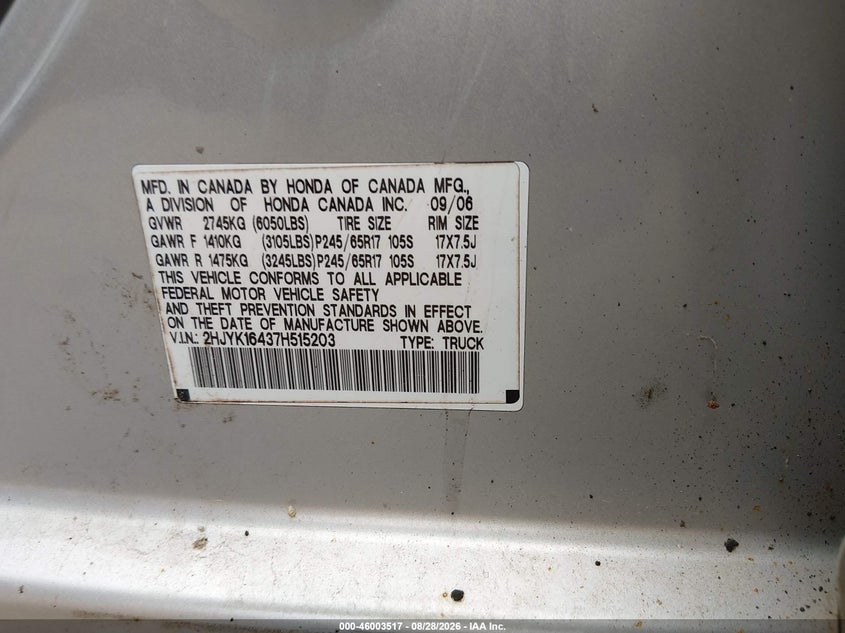 HONDA RIDGELINE 2007 VIN 2HJYK16437H515203