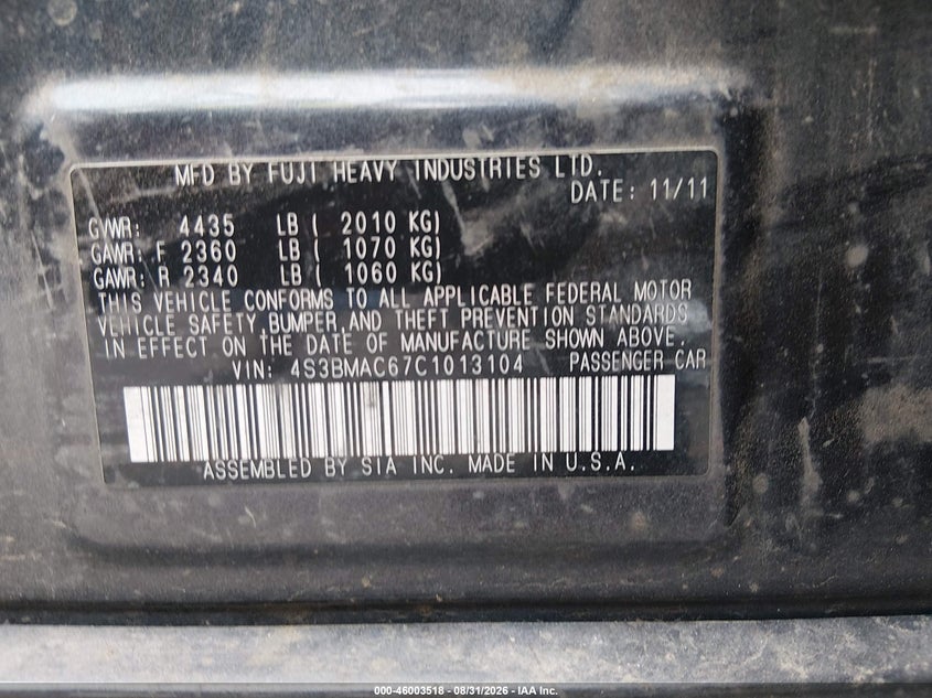 SUBARU LEGACY 2012 VIN 4S3BMAC67C1013104