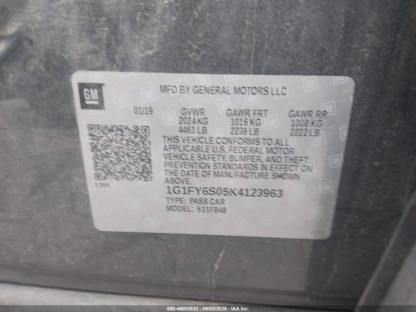 CHEVROLET BOLT EV 2019 VIN 1G1FY6S05K4123963