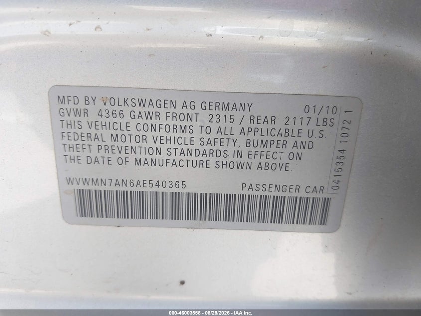 VOLKSWAGEN CC 2010 VIN WVWMN7AN6AE540365