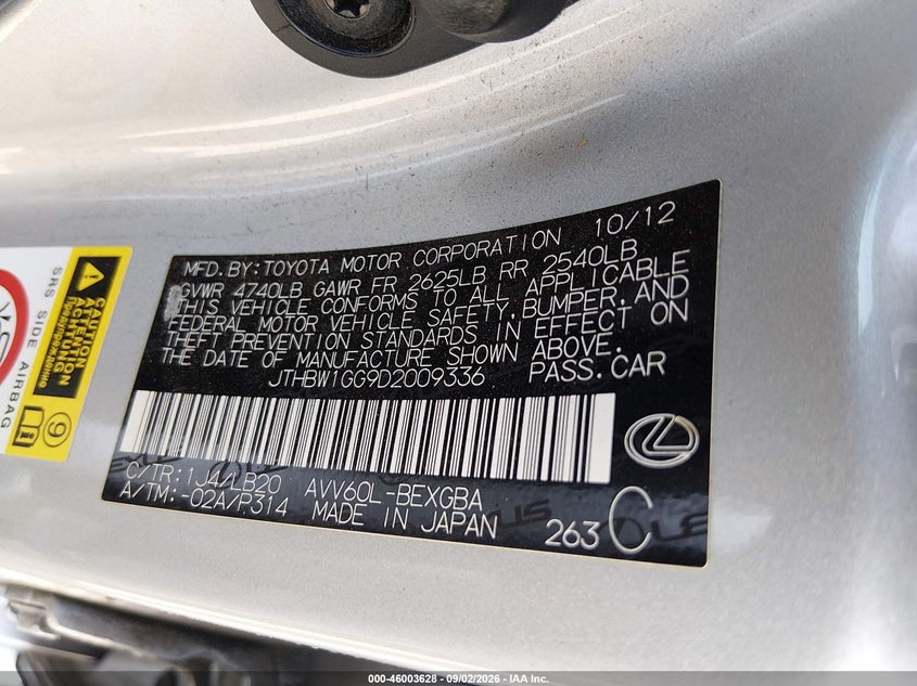 LEXUS ES 300H 2013 VIN JTHBW1GG9D2009336