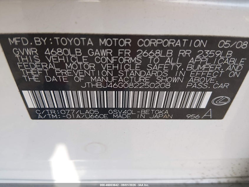 LEXUS ES 350 2008 VIN JTHBJ46G082250208