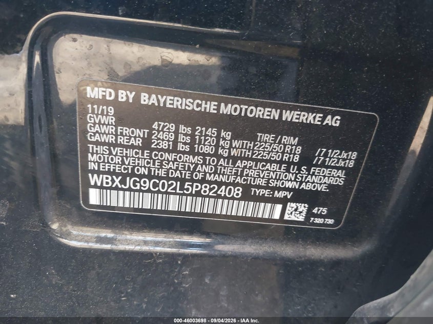 BMW X1 2020 VIN WBXJG9C02L5P82408