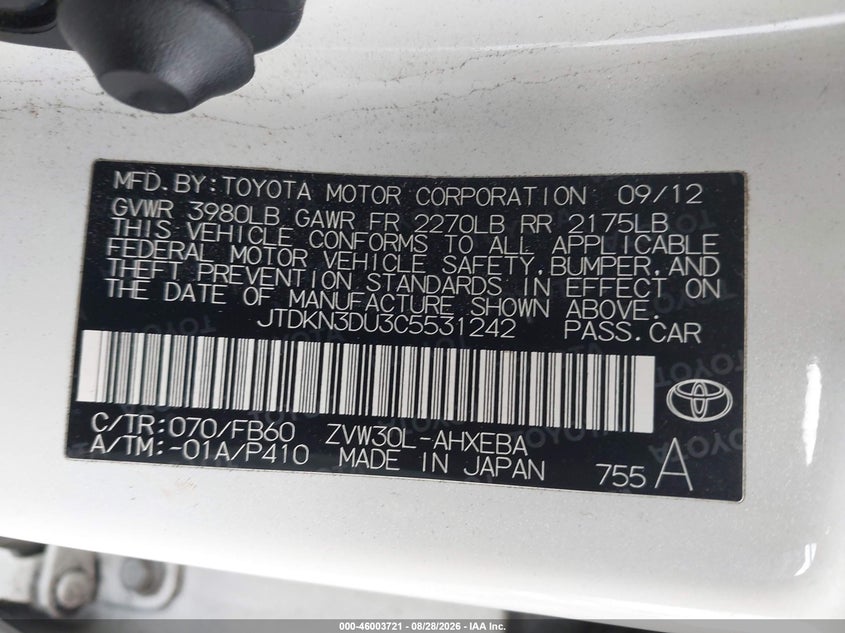 TOYOTA PRIUS 2012 VIN JTDKN3DU3C5531242