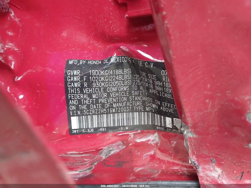 HONDA HR-V 2025 VIN 3CZRZ2H51SM720037