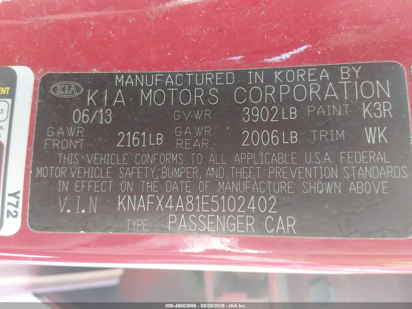 2014 KIA FORTE SEDAN 2.0L I-4 DI, DOHC, VVT, REGULAR , 173HP