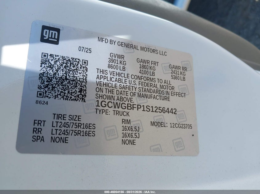 CHEVROLET EXPRESS CARGO 2025 VIN 1GCWGBFP1S1256442
