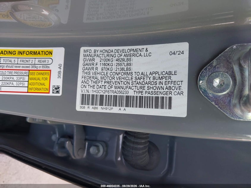 HONDA ACCORD HYBRID 2024 VIN 1HGCY2F67RA056233
