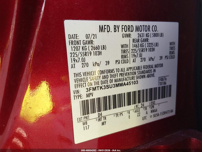 FORD MUSTANG MACH-E 2021 VIN 3FMTK3SU3MMA45103