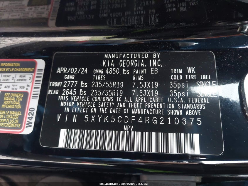 KIA SPORTAGE 2024 VIN 5XYK5CDF4RG210375
