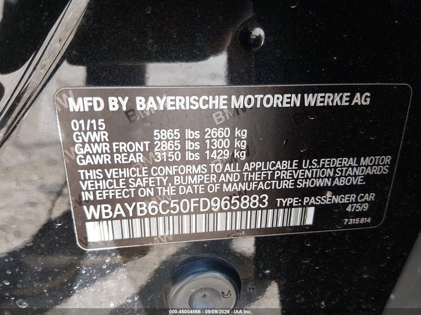 BMW 750I 2015 VIN WBAYB6C50FD965883