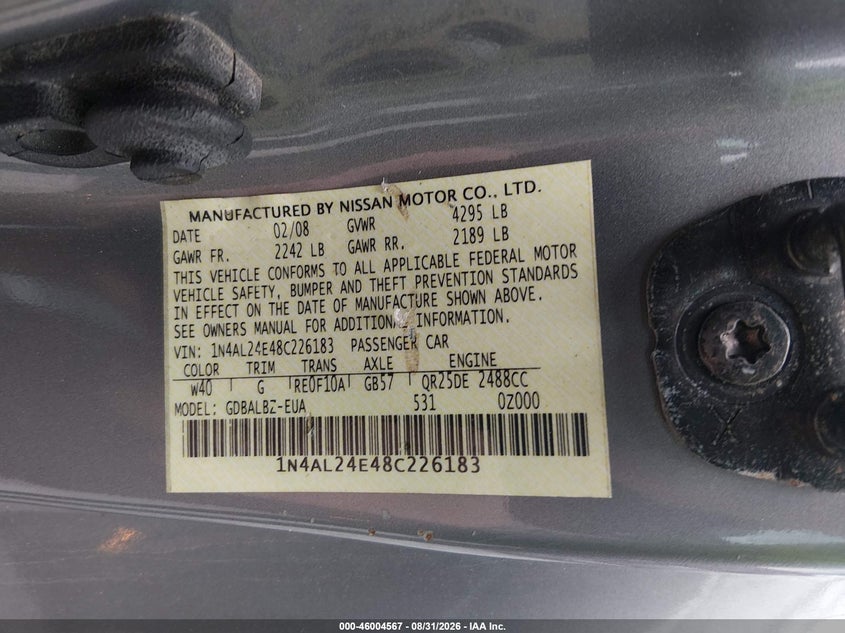 NISSAN ALTIMA 2008 VIN 1N4AL24E48C226183