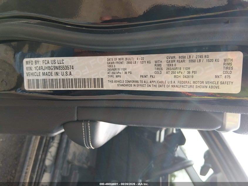 JEEP GRAND CHEROKEE 2022 VIN 1C4RJHBG9N8553574