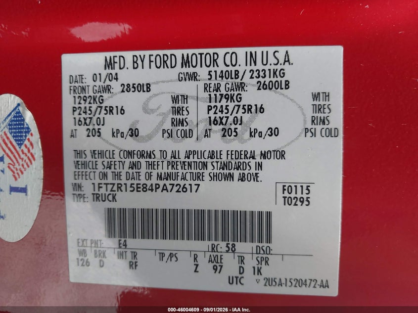 2004 FORD RANGER PICKUP 4.0L V-6 REGULAR , 207HP