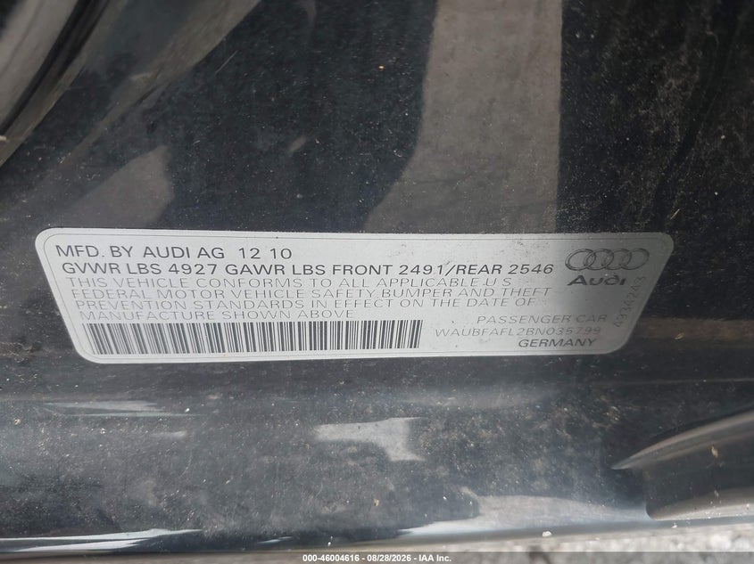 AUDI A4 2011 VIN WAUBFAFL2BN035799