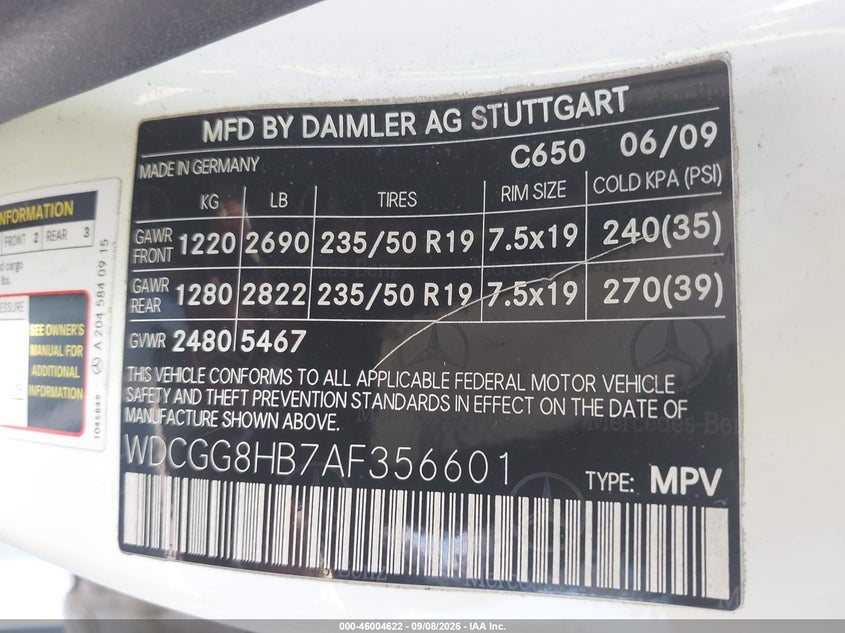 MERCEDES-BENZ GLK 350 2010 VIN WDCGG8HB7AF356601