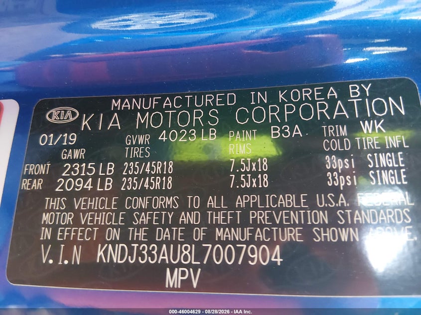 KIA SOUL 2020 VIN KNDJ33AU8L7007904