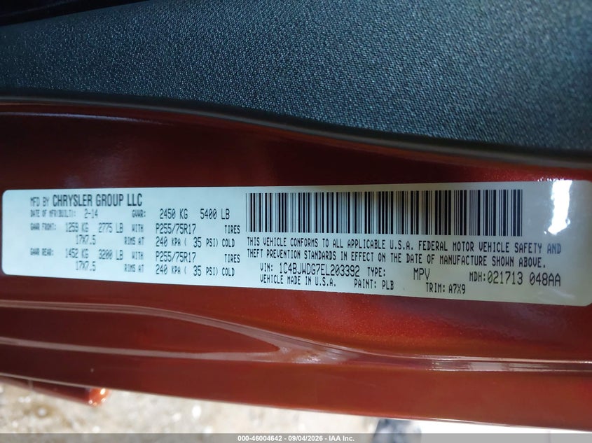 JEEP WRANGLER UNLIMITED 2014 VIN 1C4BJWDG7EL203392