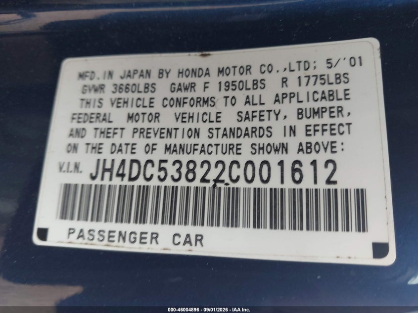 ACURA RSX 2002 VIN JH4DC53822C001612