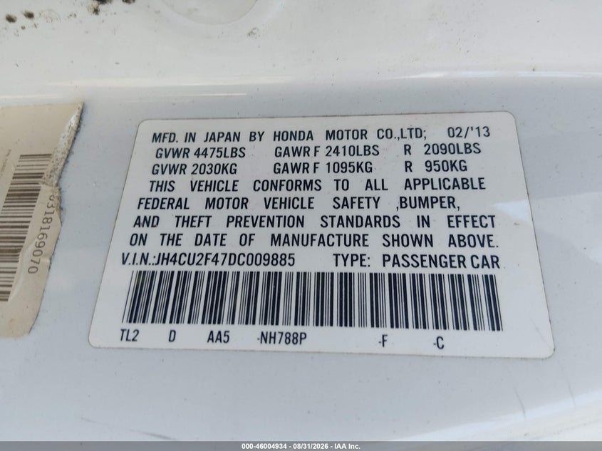 ACURA TSX 2013 VIN JH4CU2F47DC009885