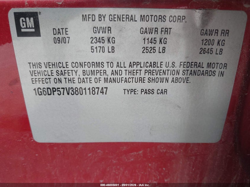 CADILLAC CTS 2008 VIN 1G6DP57V380118747