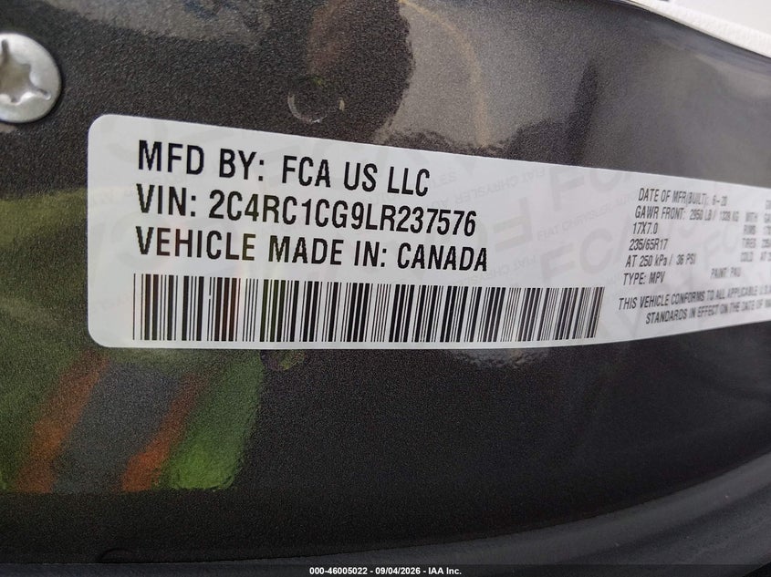 CHRYSLER VOYAGER 2020 VIN 2C4RC1CG9LR237576