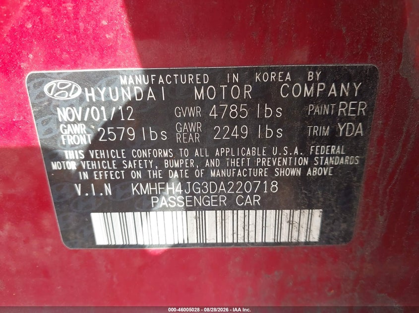 HYUNDAI AZERA 2013 VIN KMHFH4JG3DA220718